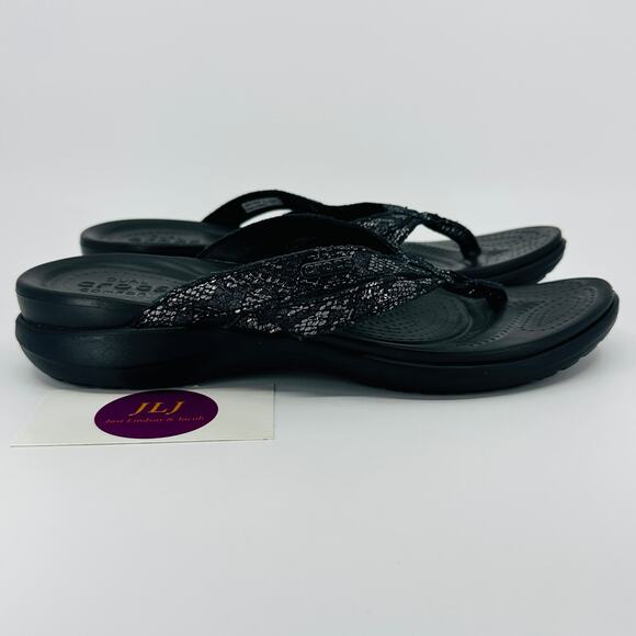 Crocs Womens Capri Strappy Black Shimmer Comfort Flip Flop Sandals 205478 Size 8 - Picture 1 of 14